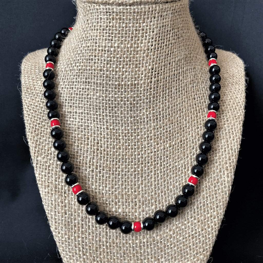 Black Onyx Red and Silver Mens Beaded Necklace-Beaded Necklaces,Black,Black Onyx,Mens