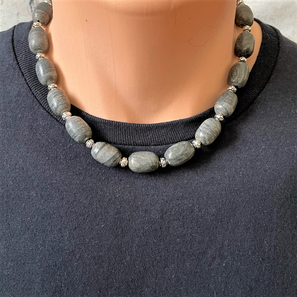 Buy the Gray Oval Marble Mens Beaded Necklace JaeBee Jewelry