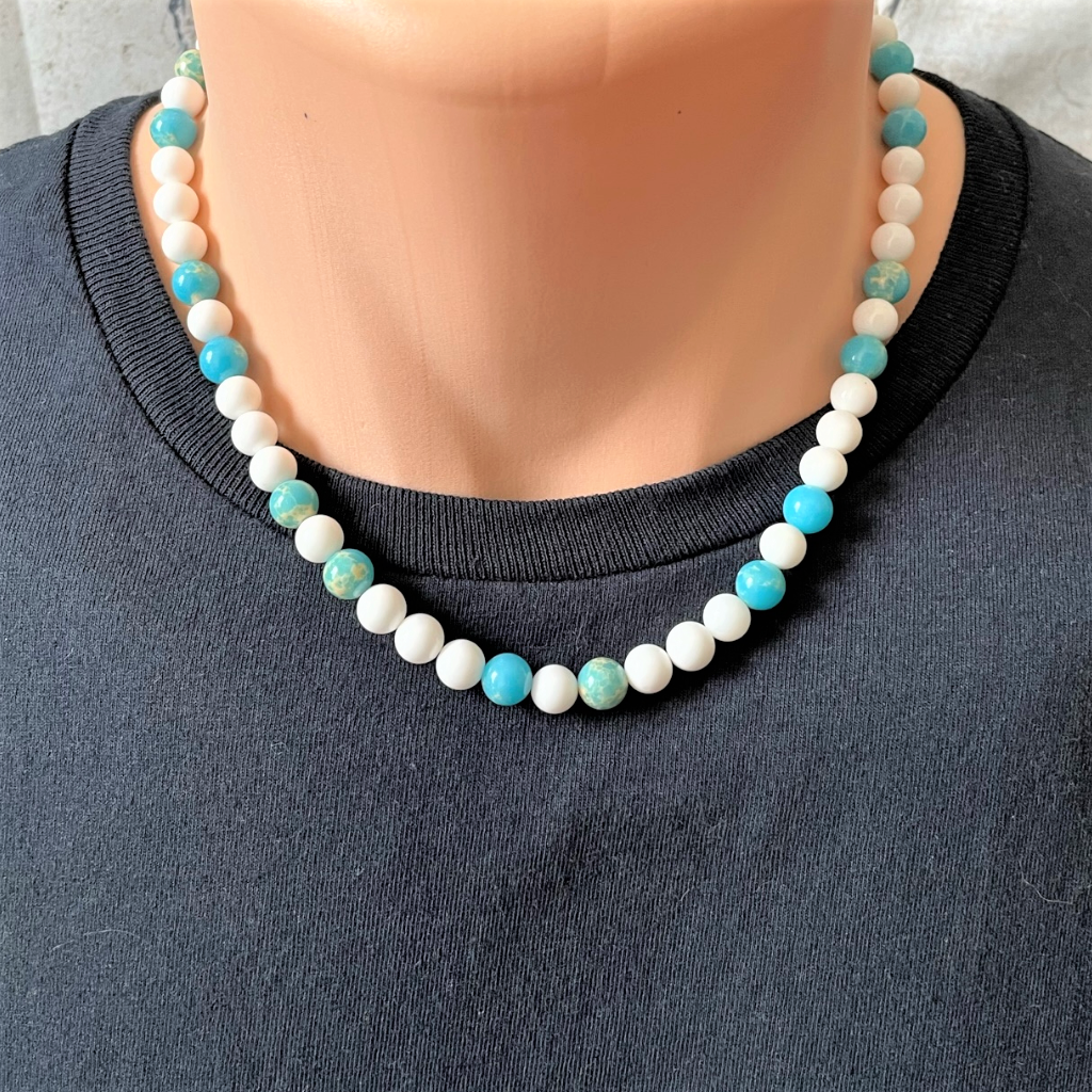 White Shell Turquoise Impression Jasper Beaded Mens Necklace JaeBee