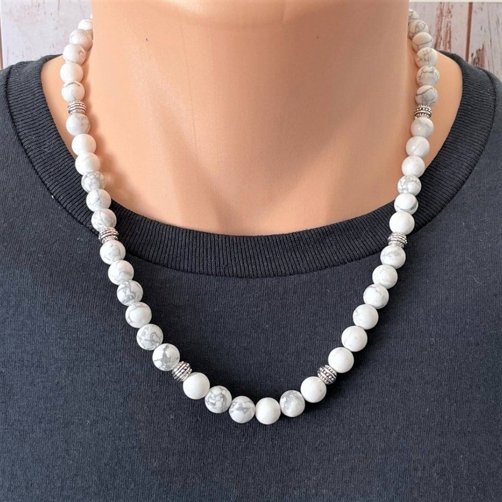 Buy The Men's White and Gray Howlite Silver Beaded Necklace | JaeBee 20