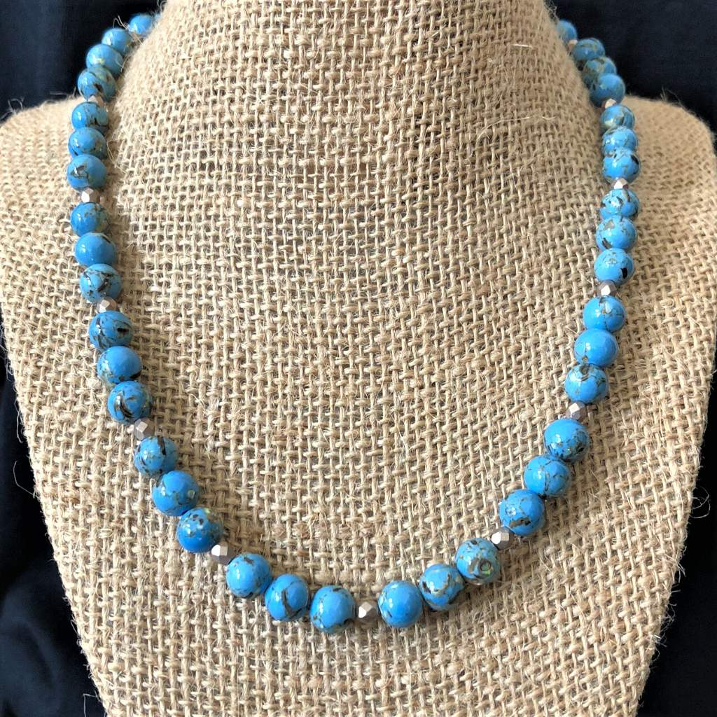 Sky Blue Mosaic Shell and Czech Beaded Necklace-Beaded Necklaces,Blue