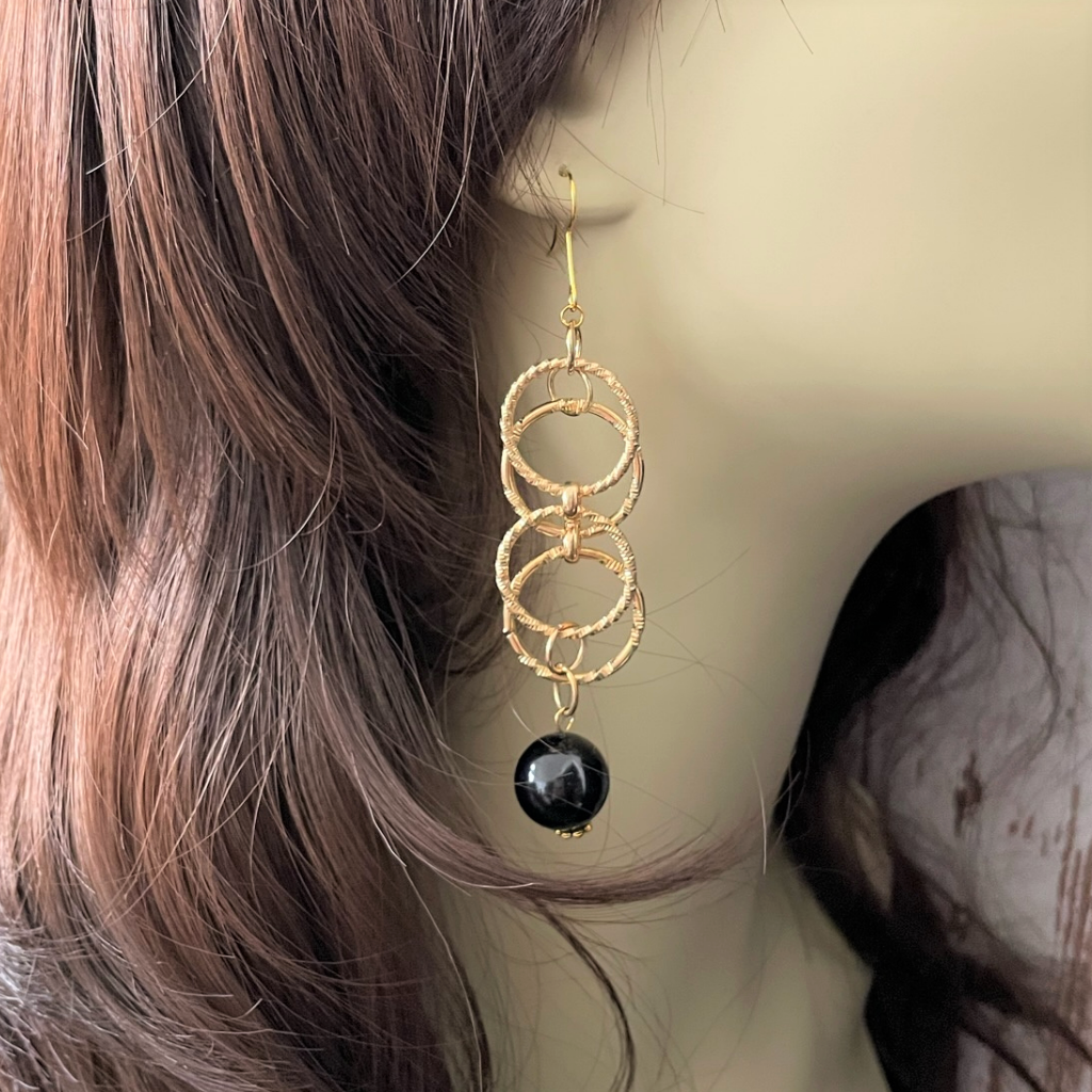 Multi Gold Ring Earrings with Black Bead