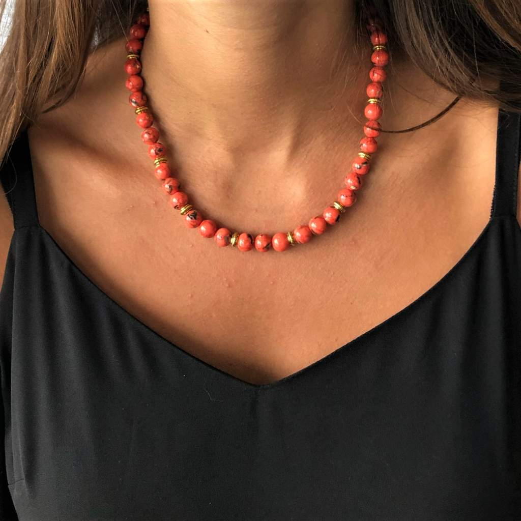 Coral Mosaic Shell and Gold Beaded Necklace-Beaded Necklaces,Pink