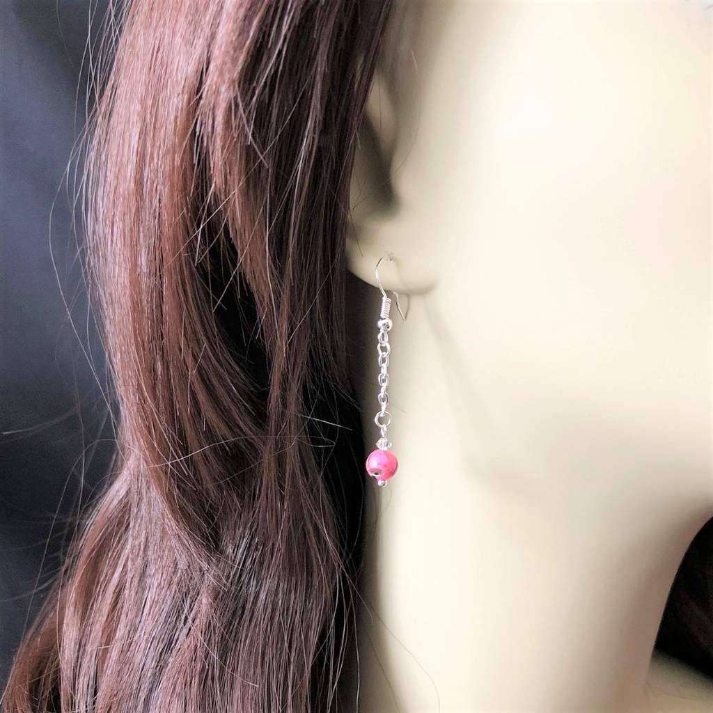 Pink Mosaic Bead Dangle Earrings-Dangle Earrings,Pink,Silver Earrings