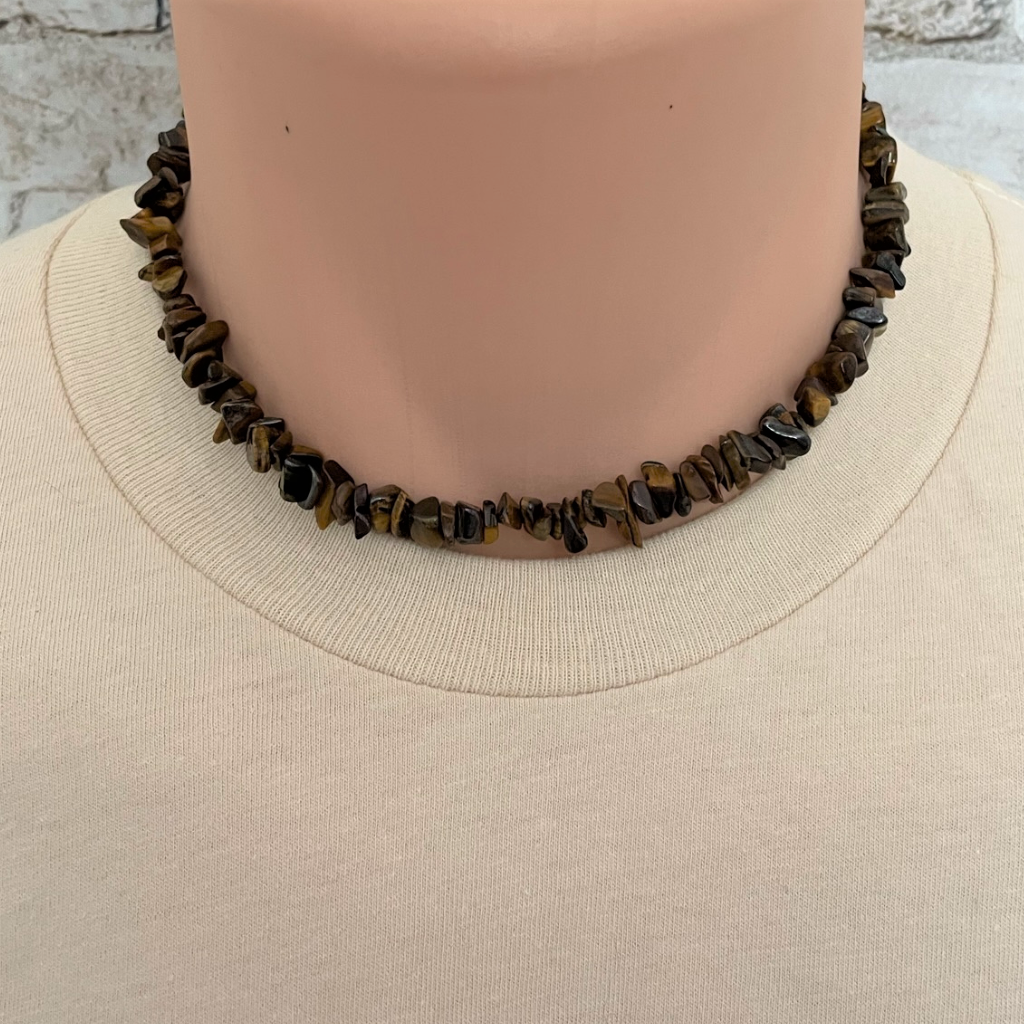 Tigers Eye Chip Mens Beaded Necklace
