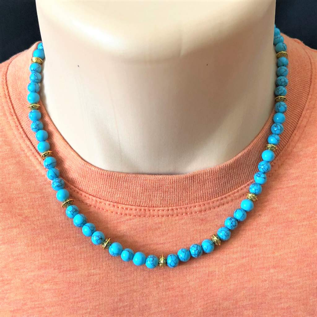Buy the Mens Turquoise Howlite and Gold Disc Beaded Necklace JaeBee