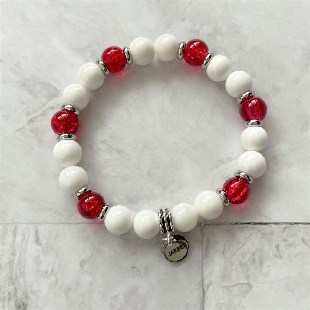 Buy the White Shell and Red Glass Beaded Bracelet | JaeBee Jewelry