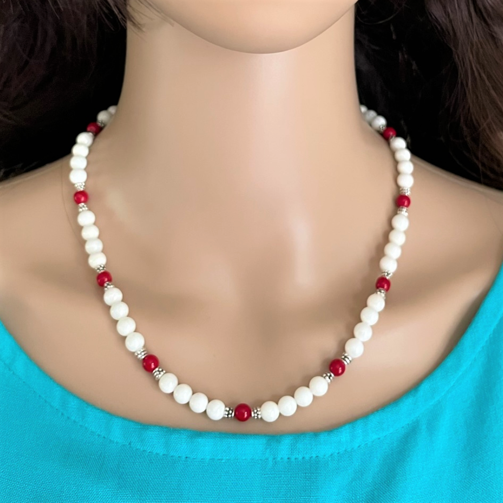 White Shell and Red Coral Beaded Necklace