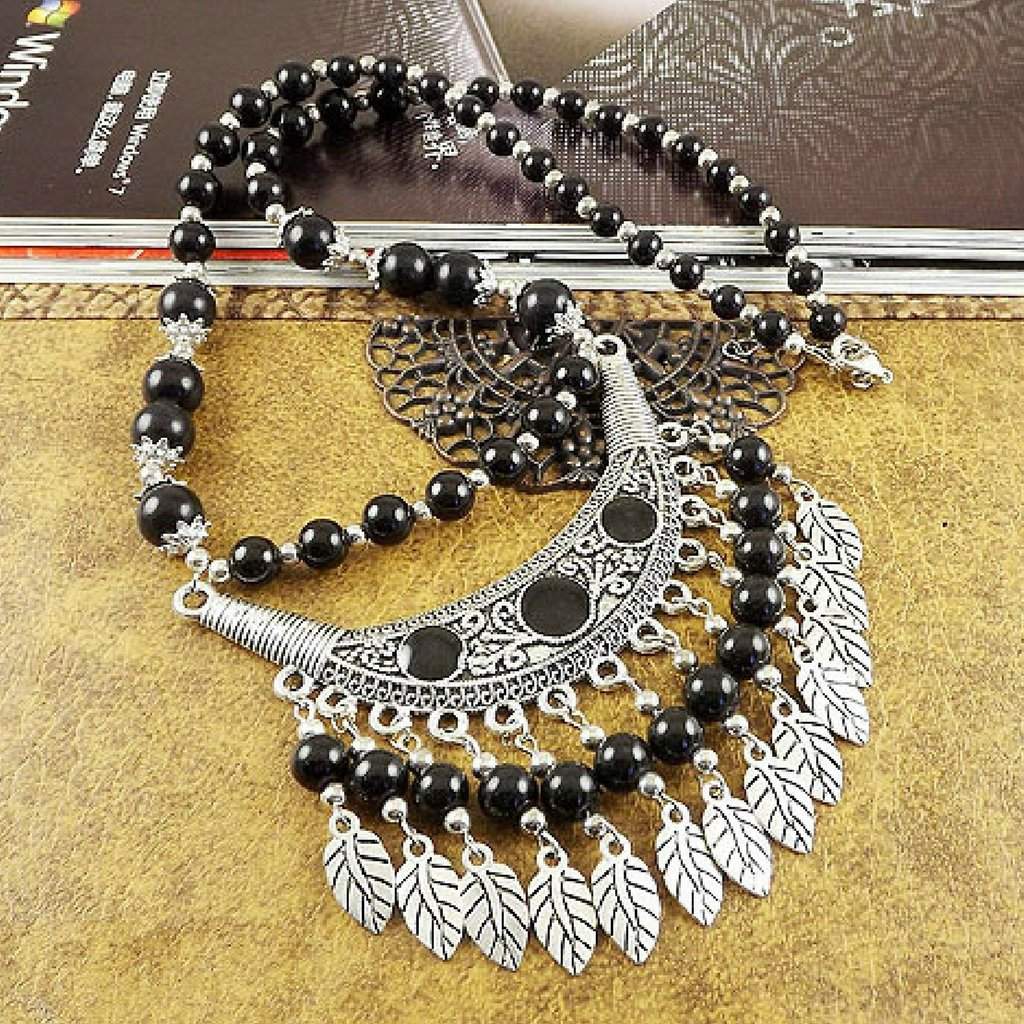 Black Beaded Boho and Silver Leaf Necklace-Beaded Necklaces,Black,Long Necklaces