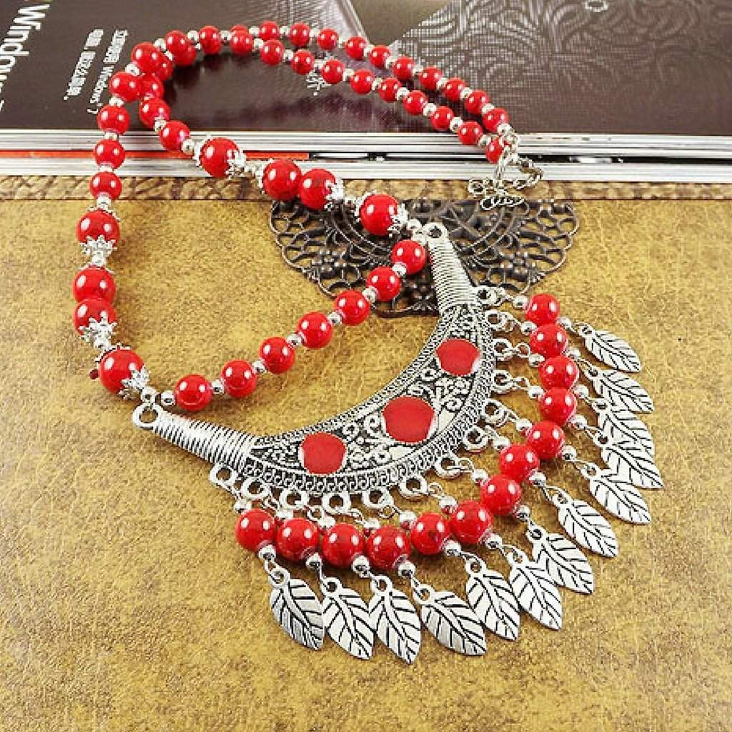 Buy The Red Beaded Boho and Silver Leaf Necklace | JaeBee Jewelry