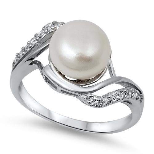Pearl and CZ Sterling Silver Ring-Pearls,Sterling Silver Rings