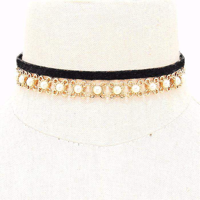 Black Suede and Gold Chain and Pearl Choker-Chokers,Gold Necklaces