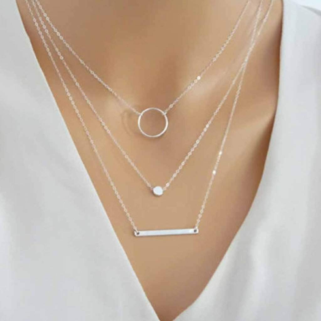 Silver Layered Bar, Circle and Metal Bead Necklace-Layered Necklaces,Silver Necklaces