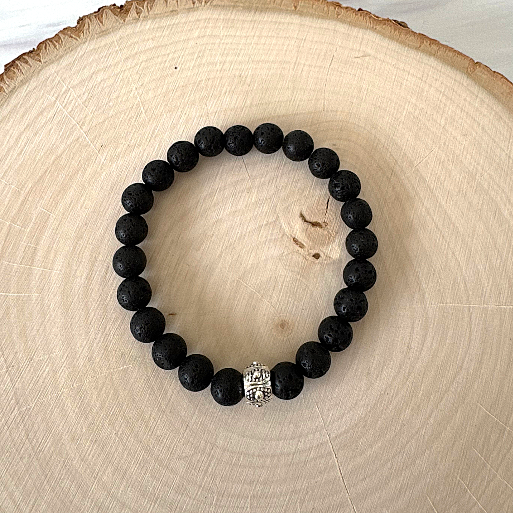 Black Lava Beaded Mens Bracelet with Silver Bead