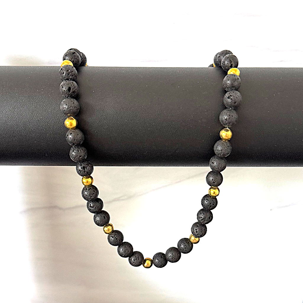 Black Lava and Gold Round Beaded Mens Necklace On A Pole