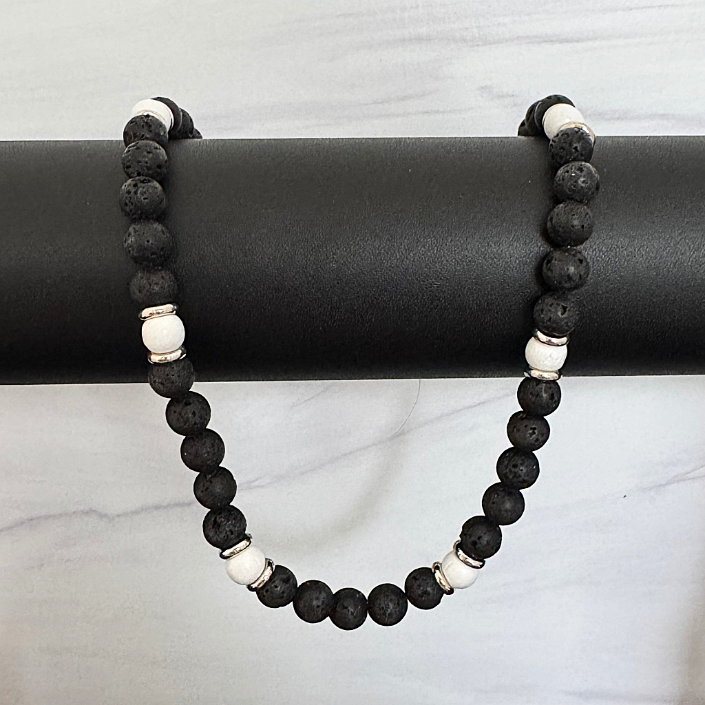 Black Lava and White Wood Mens Beaded Necklace On A Black Bar