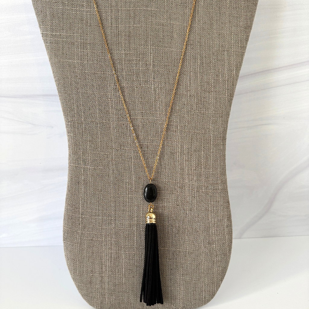 Black Natural Stone and Tassel Long Necklace.