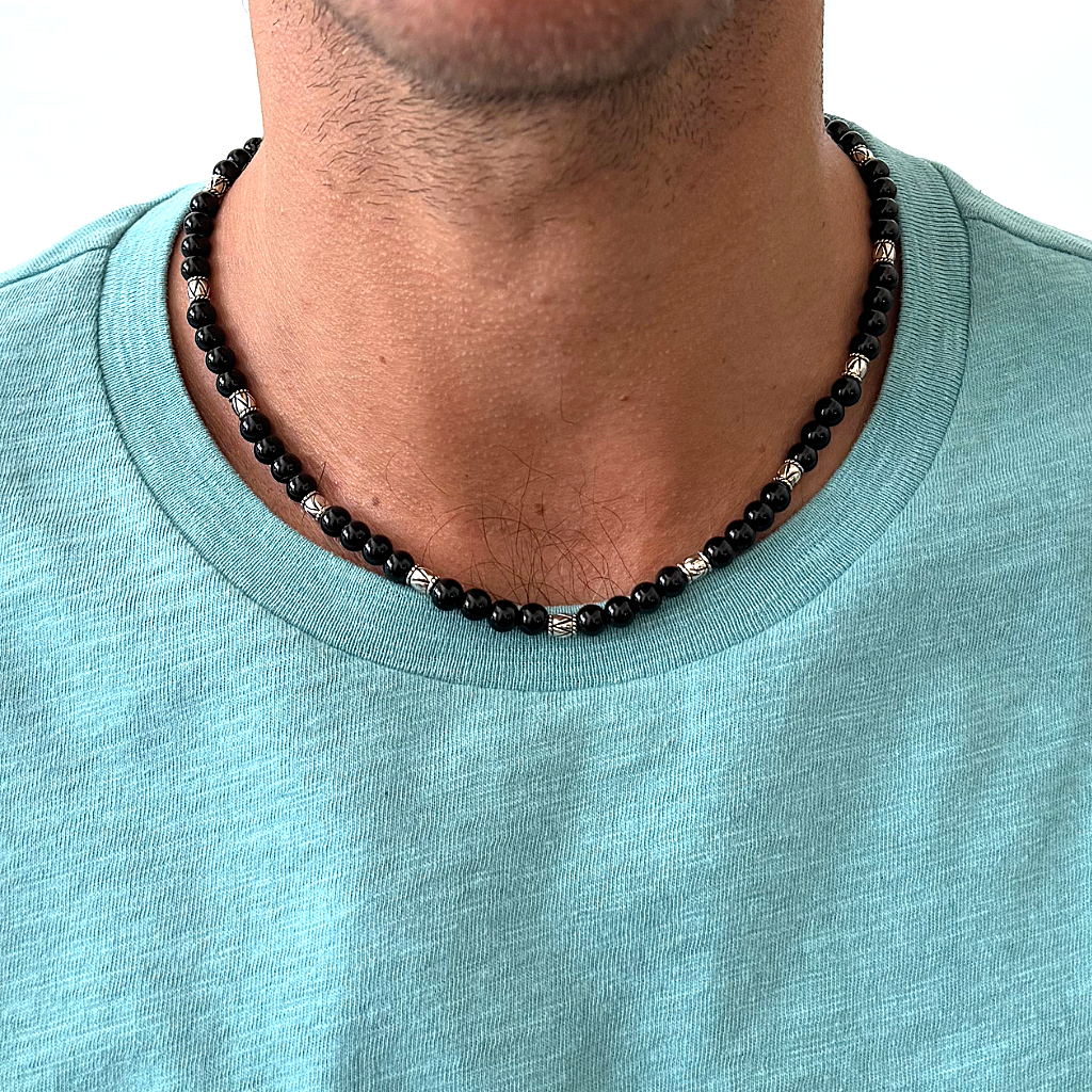Black Onyx 6mm and Small Silver Barrel Mens Beaded Necklace On A Man.