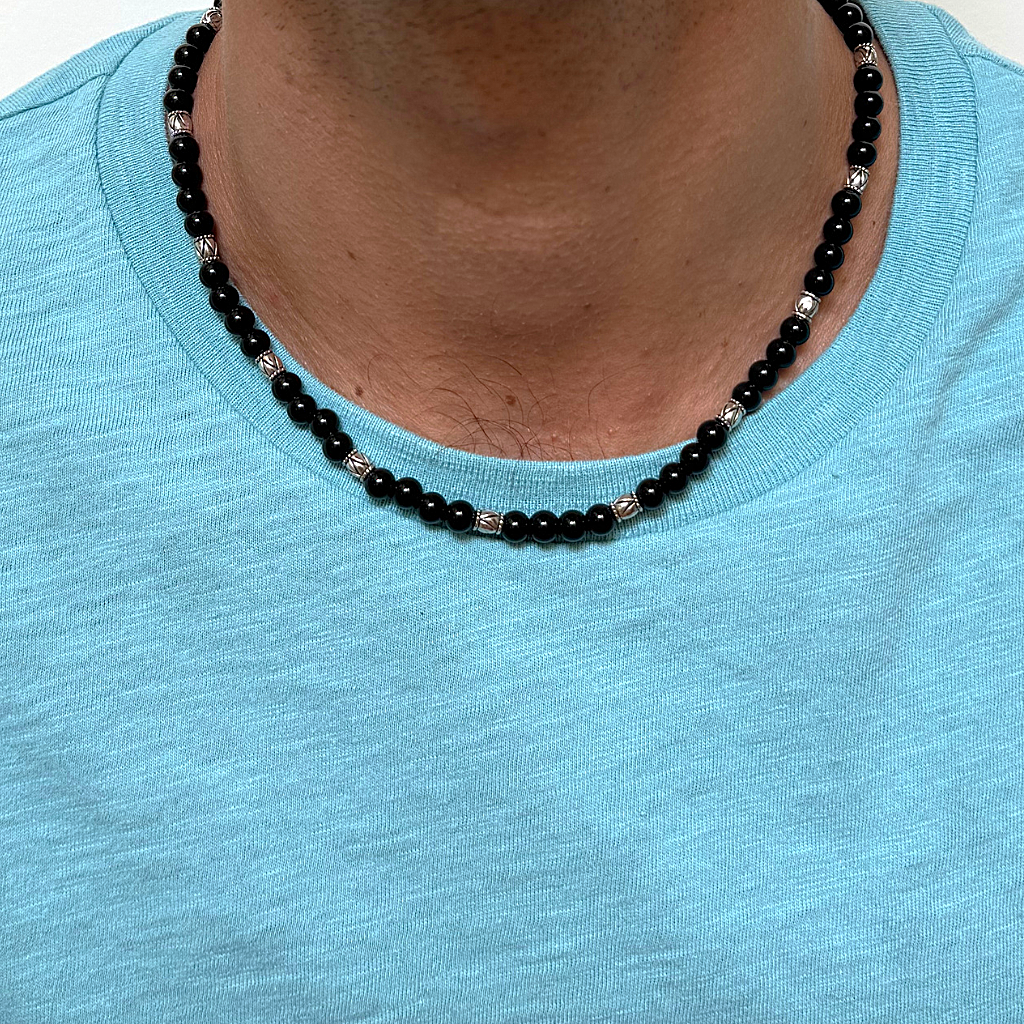 Black Onyx 6mm and Small Silver Barrel Mens Beaded Necklace