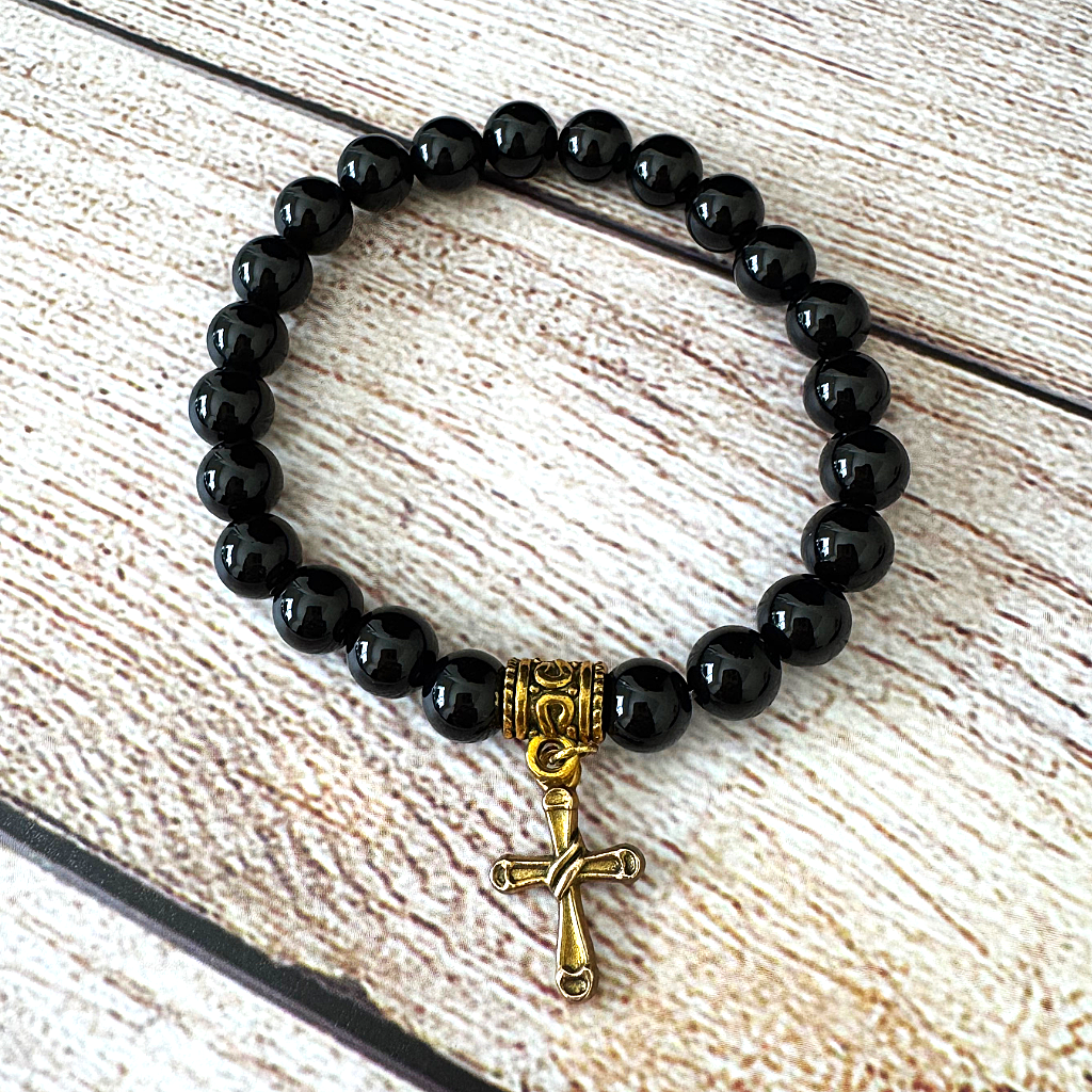 Black Onyx Mens 8mm Beaded Bracelet with Gold Cross Charm.