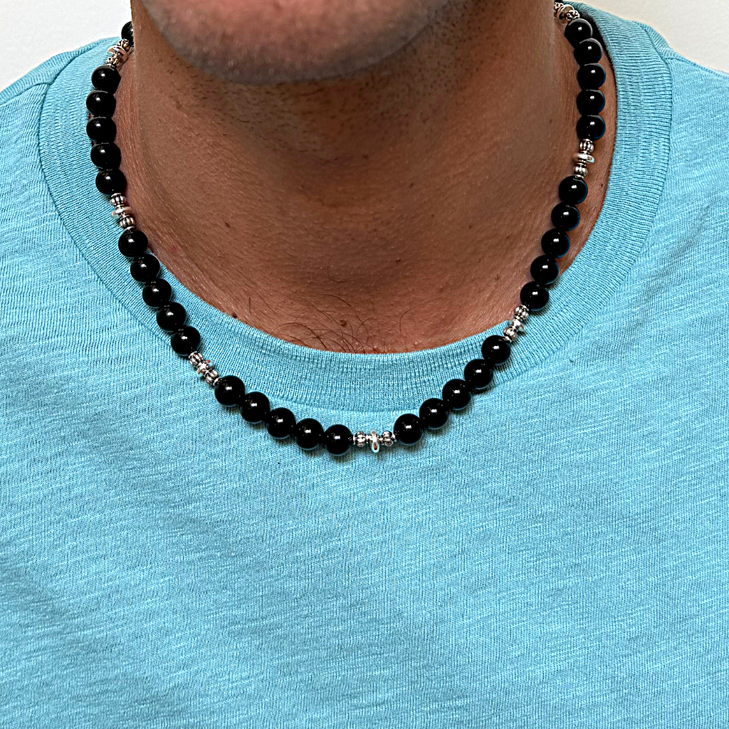 Black Onyx Mens Beaded Necklace with Silver Beads On A Man.