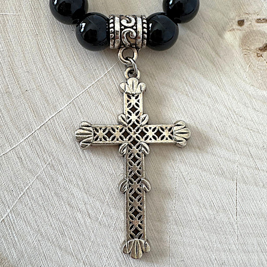 Mens Black Onyx Necklace With Large Silver Cross