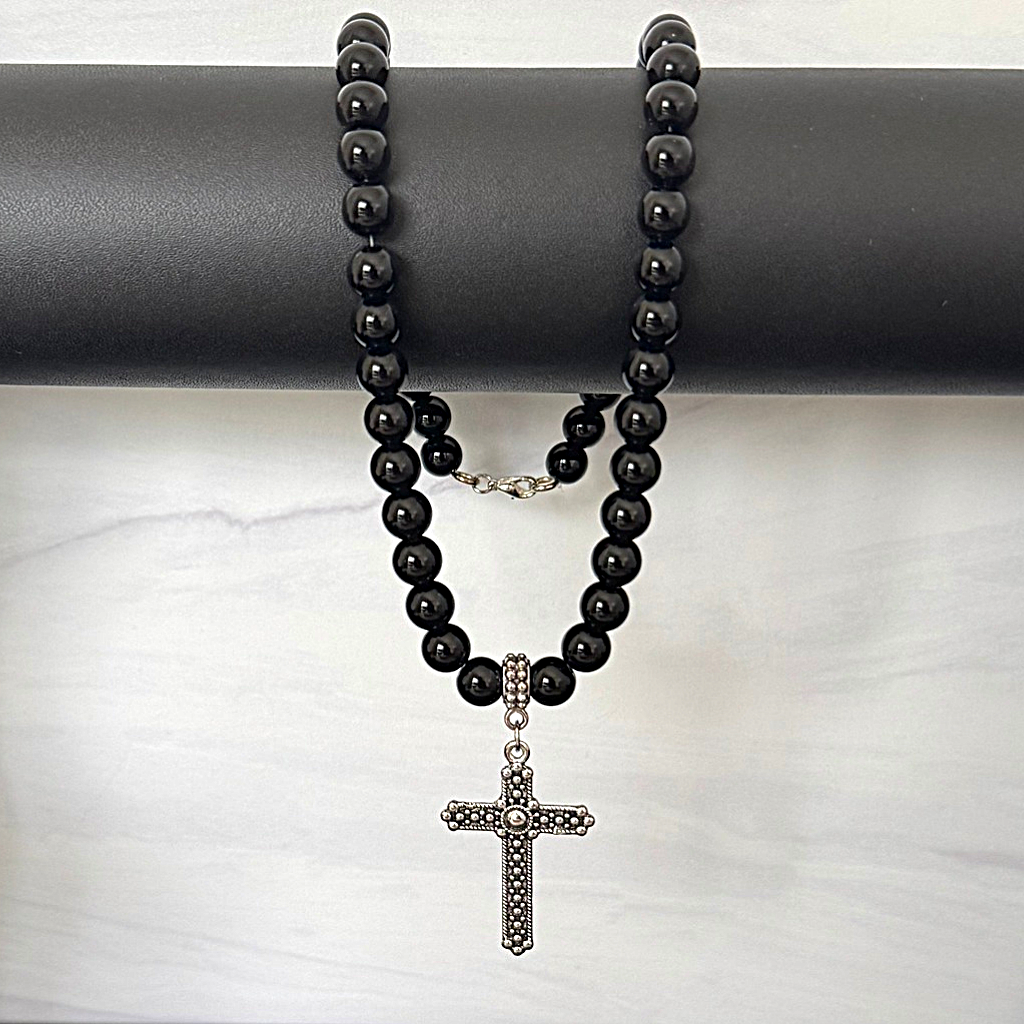 Black Onyx Silver Textured Cross Mens Beaded Necklace On Black Rod
