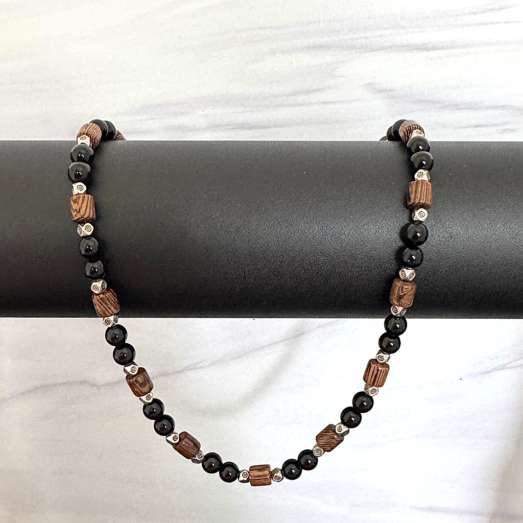 Black Onyx, Wood, and Silver Mens Beaded Necklace On A Black Rod