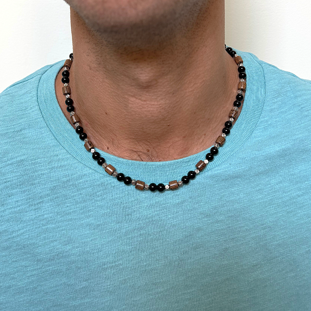 Black Onyx, Wood, and Silver Mens Beaded Necklace On A Man