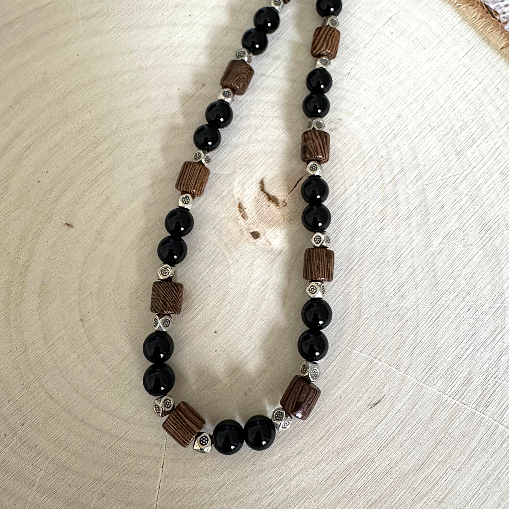 Black Onyx, Wood, and Silver Mens Beaded Necklace On Wood