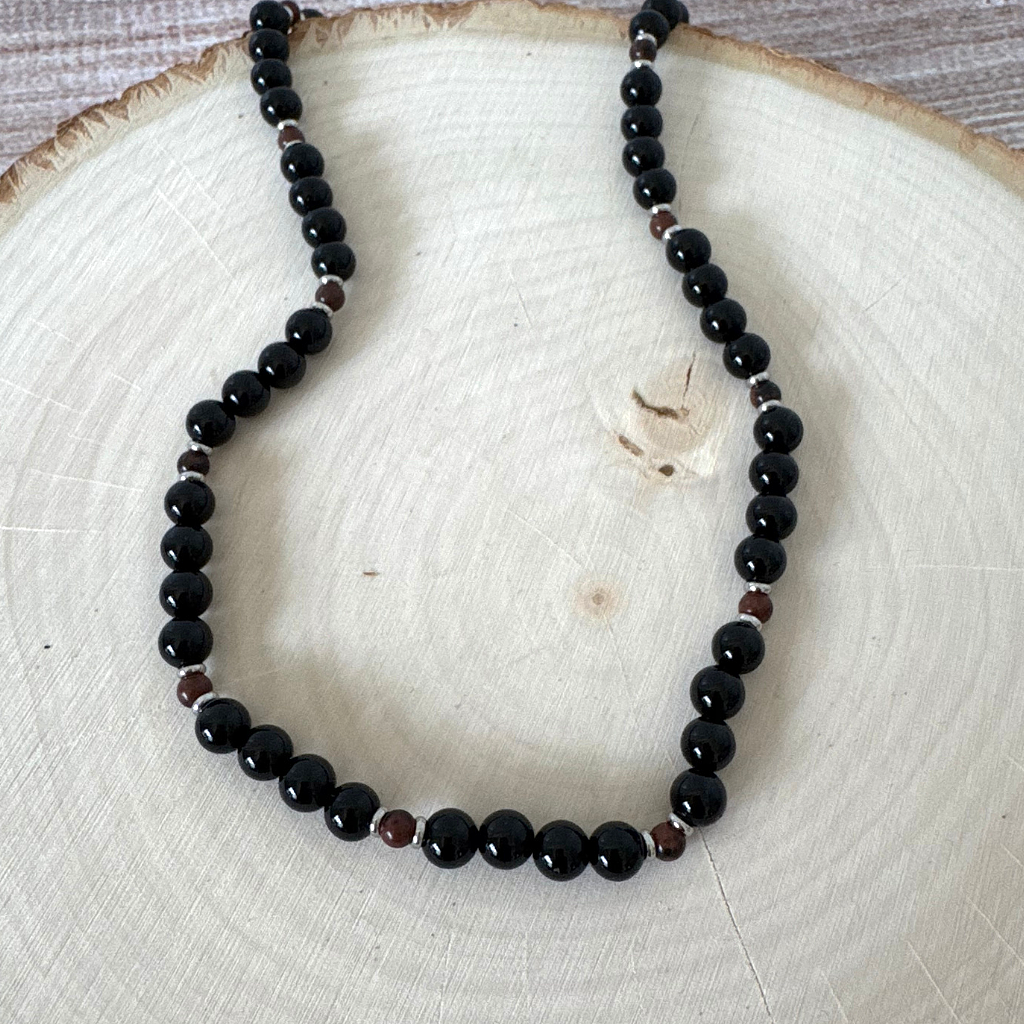 Black Onyx and Mahogany Obsidian Beaded Mens Necklace On Wood.
