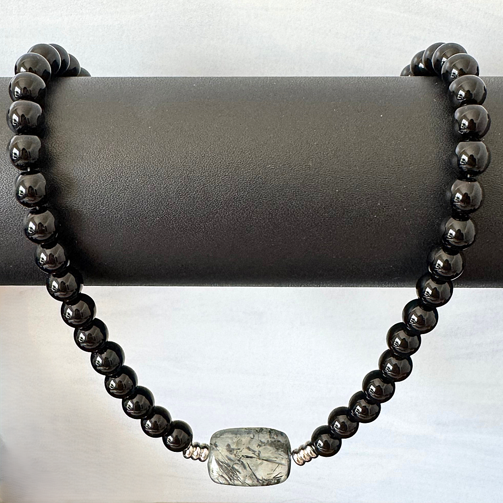 Black Onyx and Prehnite Stone Mens Beaded Necklace On Black Bar