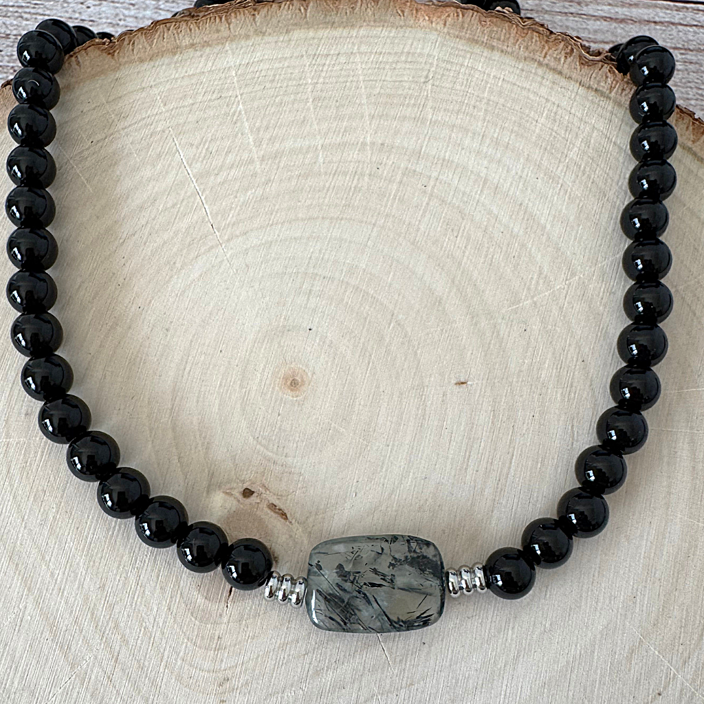 Black Onyx and Prehnite Stone Mens Beaded Necklace On Light Wood