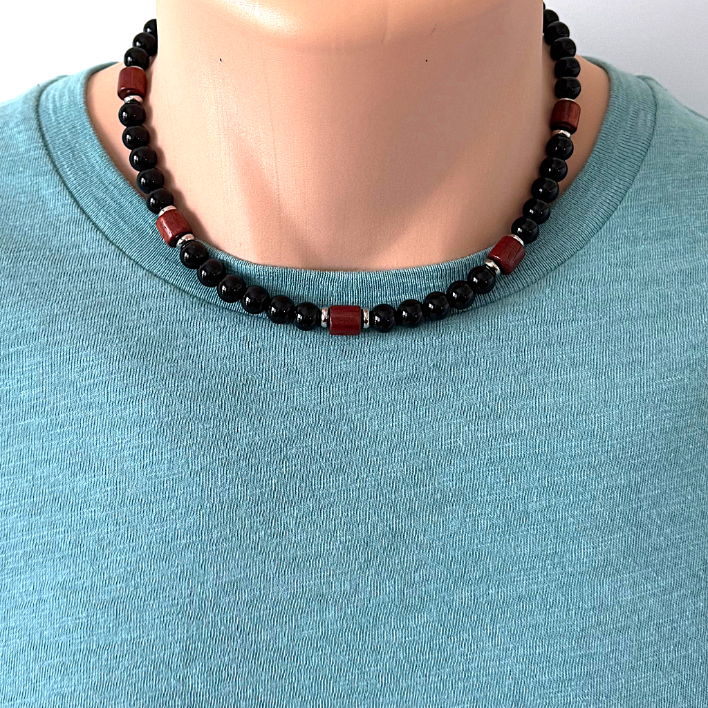 Black Onyx and Rosewood Beaded Mens Necklace 8mm and Barrel