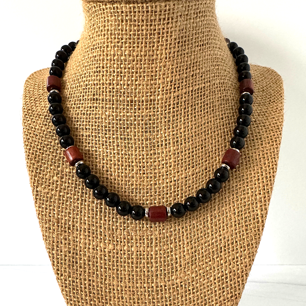 Black Onyx and Rosewood Beaded Mens Necklace 8mm