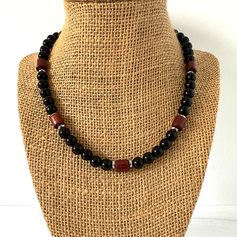 Black Onyx and Rosewood Beaded Mens Necklace 8mm