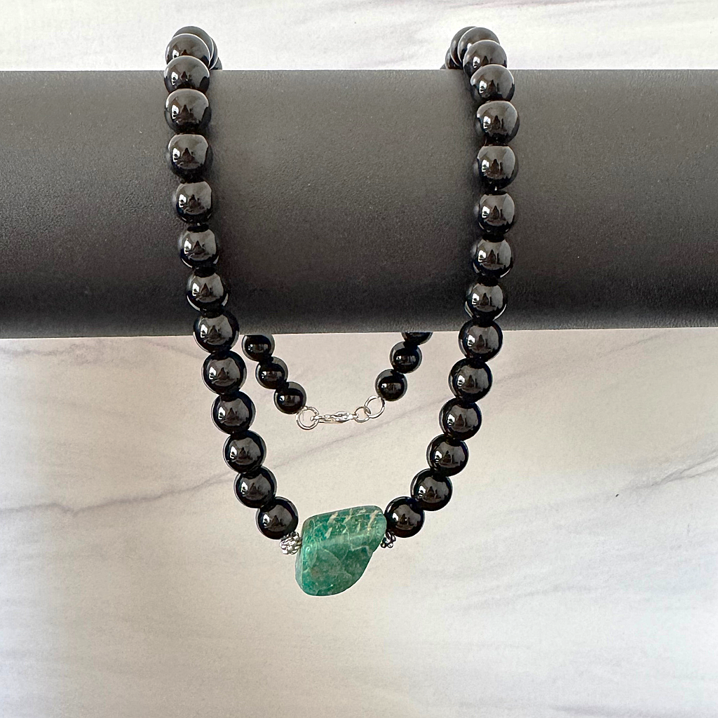 Black Onyx and Russian Amazonite Mens Beaded Necklace On A Black Bar