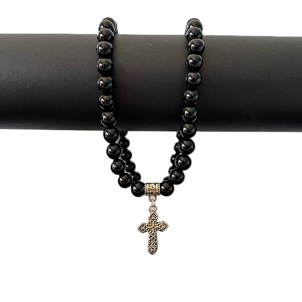 Black Onyx and Silver Detailed Cross Mens Beaded Necklace On A Black Rod
