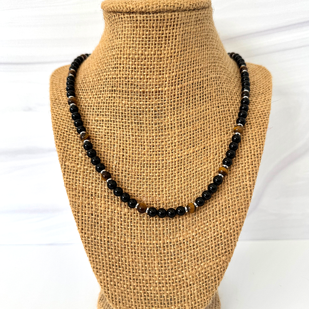 Black Onyx and Tigers Eye 6mm  Beaded Mens Necklace With Silver Disc.