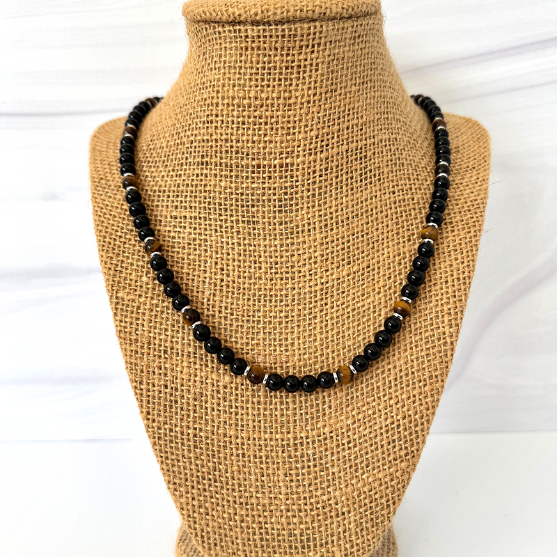 Black Onyx and Tigers Eye 6mm  Beaded Mens Necklace With Silver Disc.