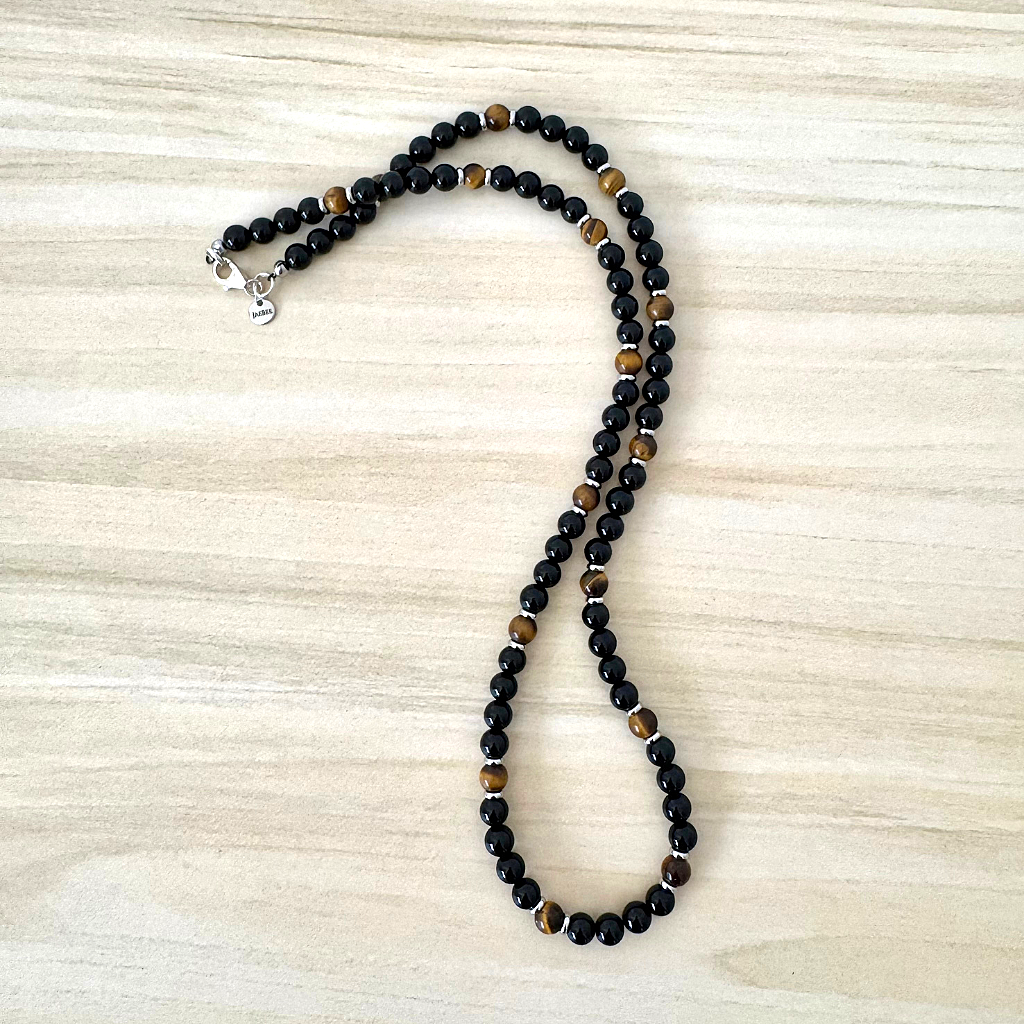 Black Onyx,Tigers Eye , and Silver Ring 6mm  Beaded Mens Necklace.