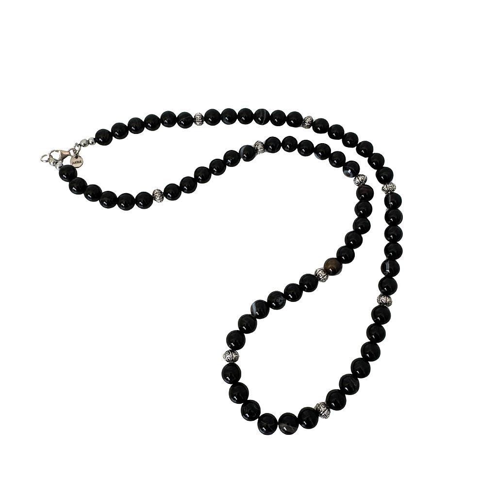 Black Sardonyx and Silver Mens Beaded Necklace 8mm.