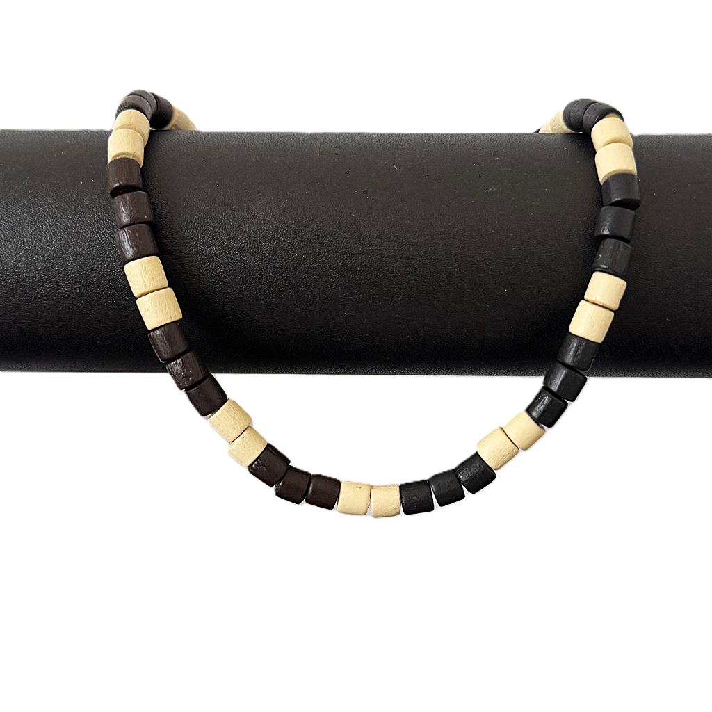 Black and Cream Wood Tube Mens Beaded Necklace On A Black Rod