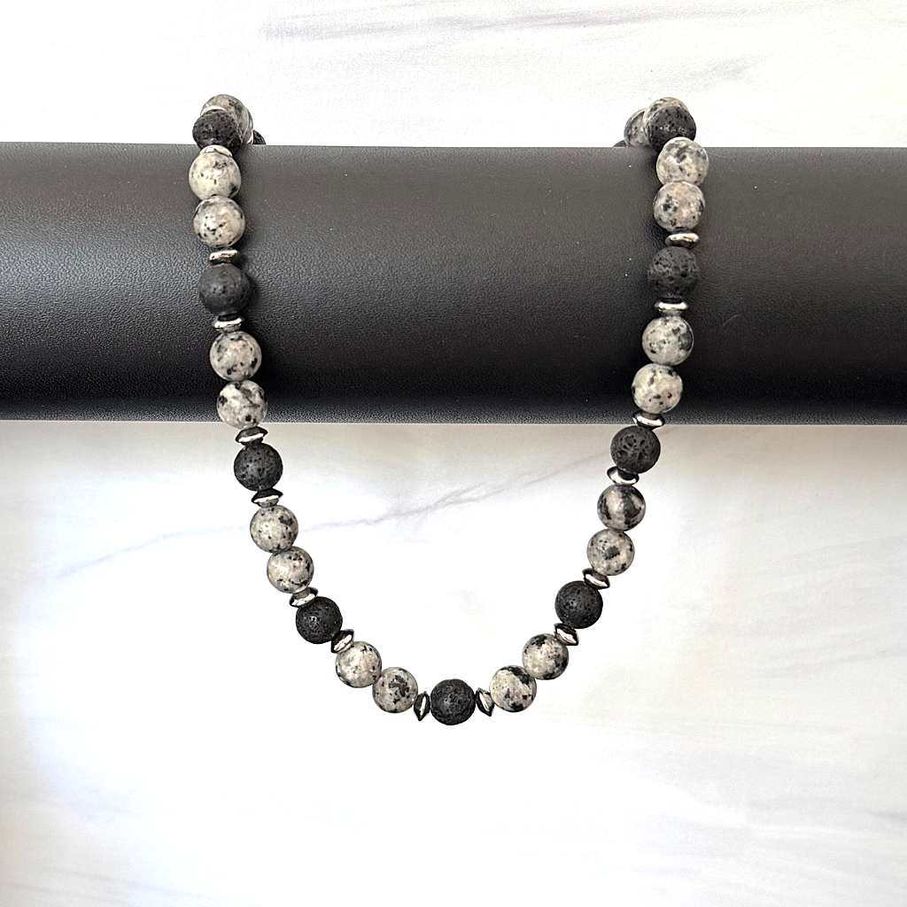 Black and White Agate and Black Lava Mens Beaded Necklace On A Black Bar