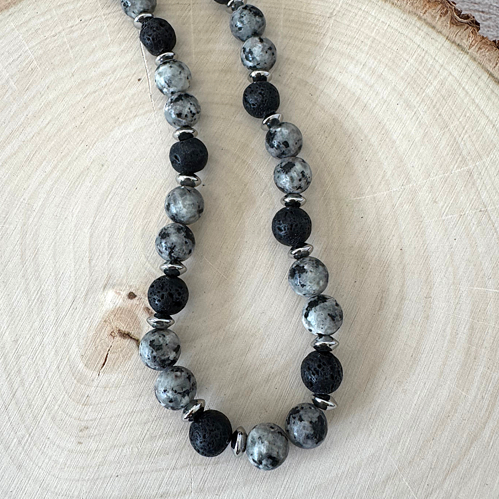 Black and White Agate and Black Lava Mens Beaded Necklace On Light Wood