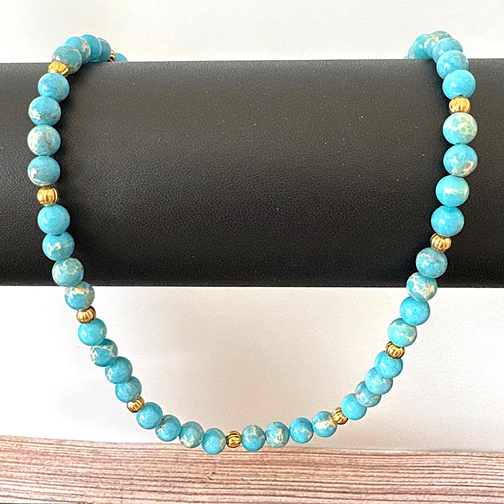 Blue Impression Jasper and Gold Mens Beaded Necklace On A Rod