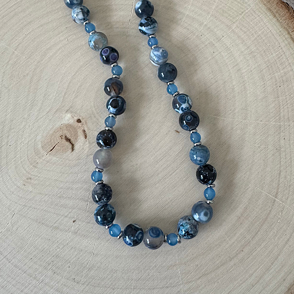 Blue Storm Line Agate Mens Beaded Necklace On Wood Display