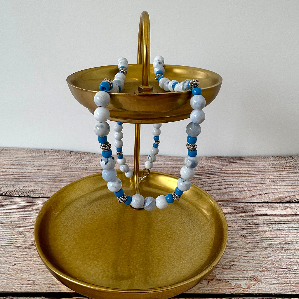 Blue and White Agate with Blue Toho and Silver Beaded Mens Necklace On A Gold Tray
