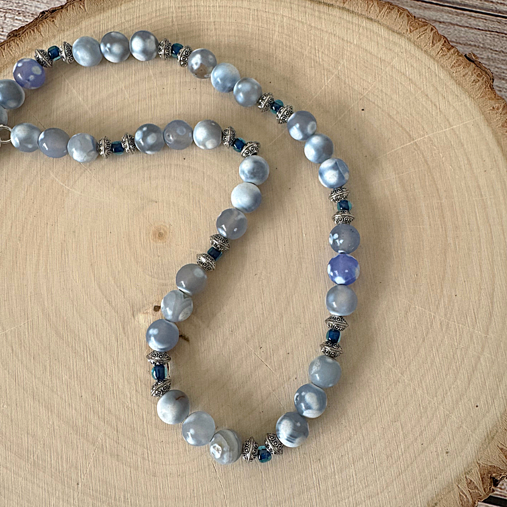Blue and White Matte Agate and Blue Toho Beaded Necklace on Wood 