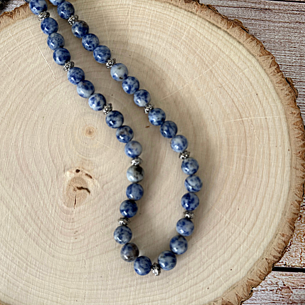 Brazil Sodalite and Silver Mens Beaded Necklace On Wood